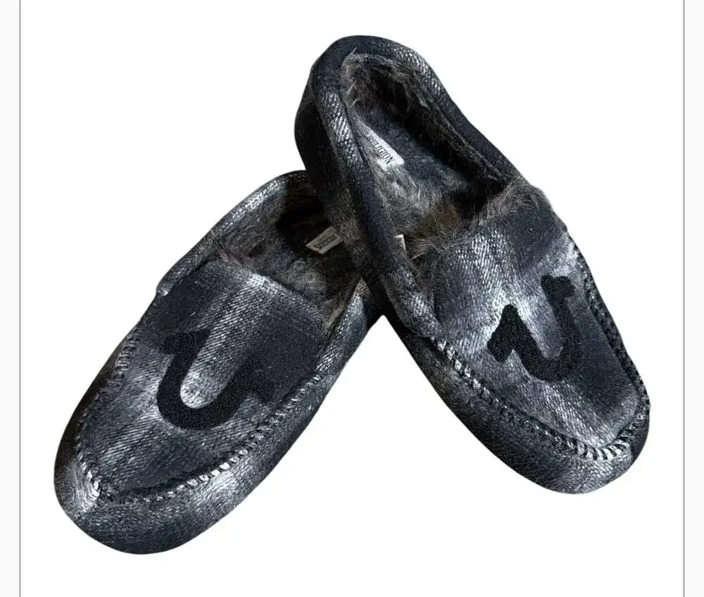 True Religion Men's Plaid Moccasin Slippers with Logo